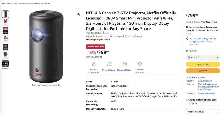 Amazon: NEBULA Capsule 3 GTV Projector – Now $799 – 43% Off